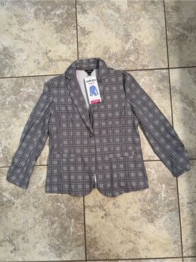NWT LABIJOU Women's Slim Fit Gray, Black, Blue & White Plaid Blazer